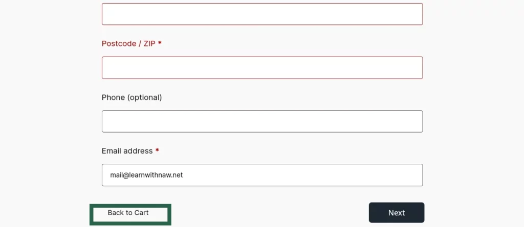 Screenshot of the checkout page showing the Back to Cart button visible to customers