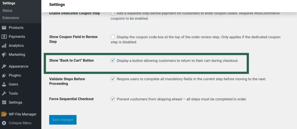 Screenshot of the Show Back to Cart Button toggle in Multi-Step Checkout plugin settings.