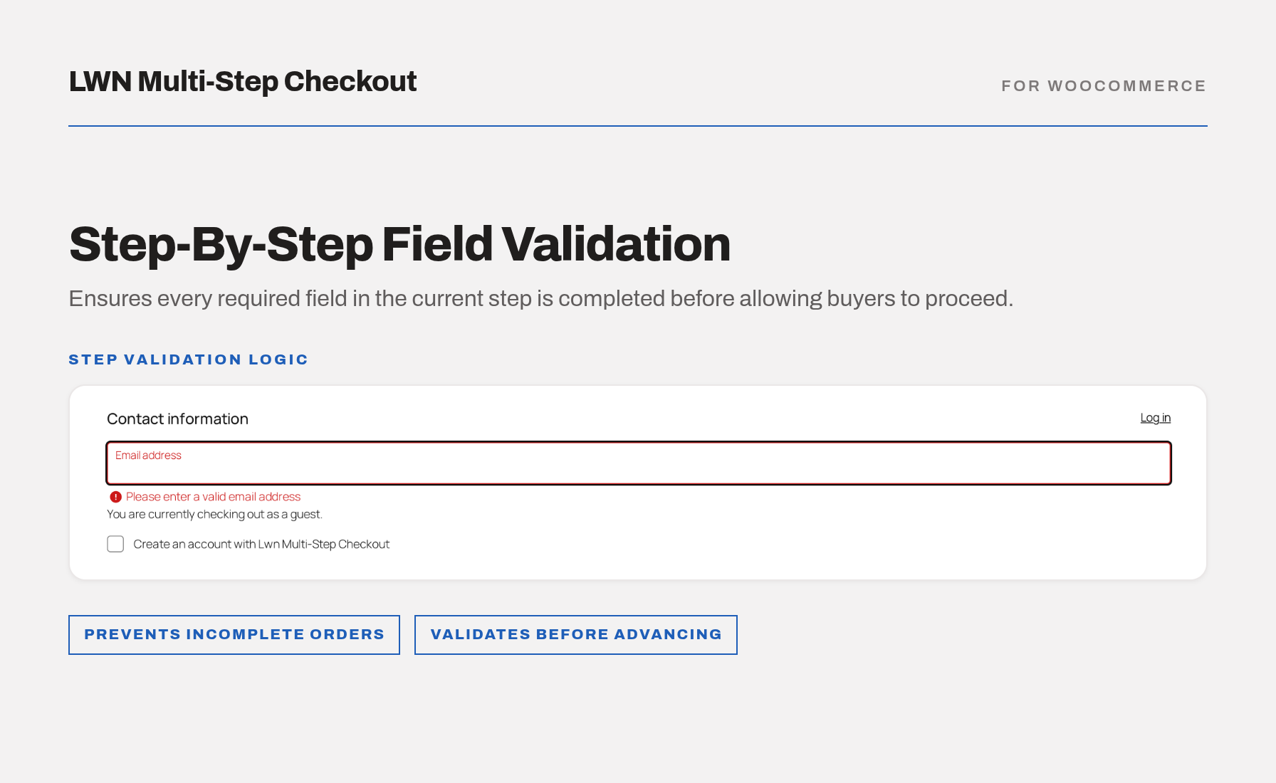 Block checkout showing a validation error blocking the customer from advancing to the next step