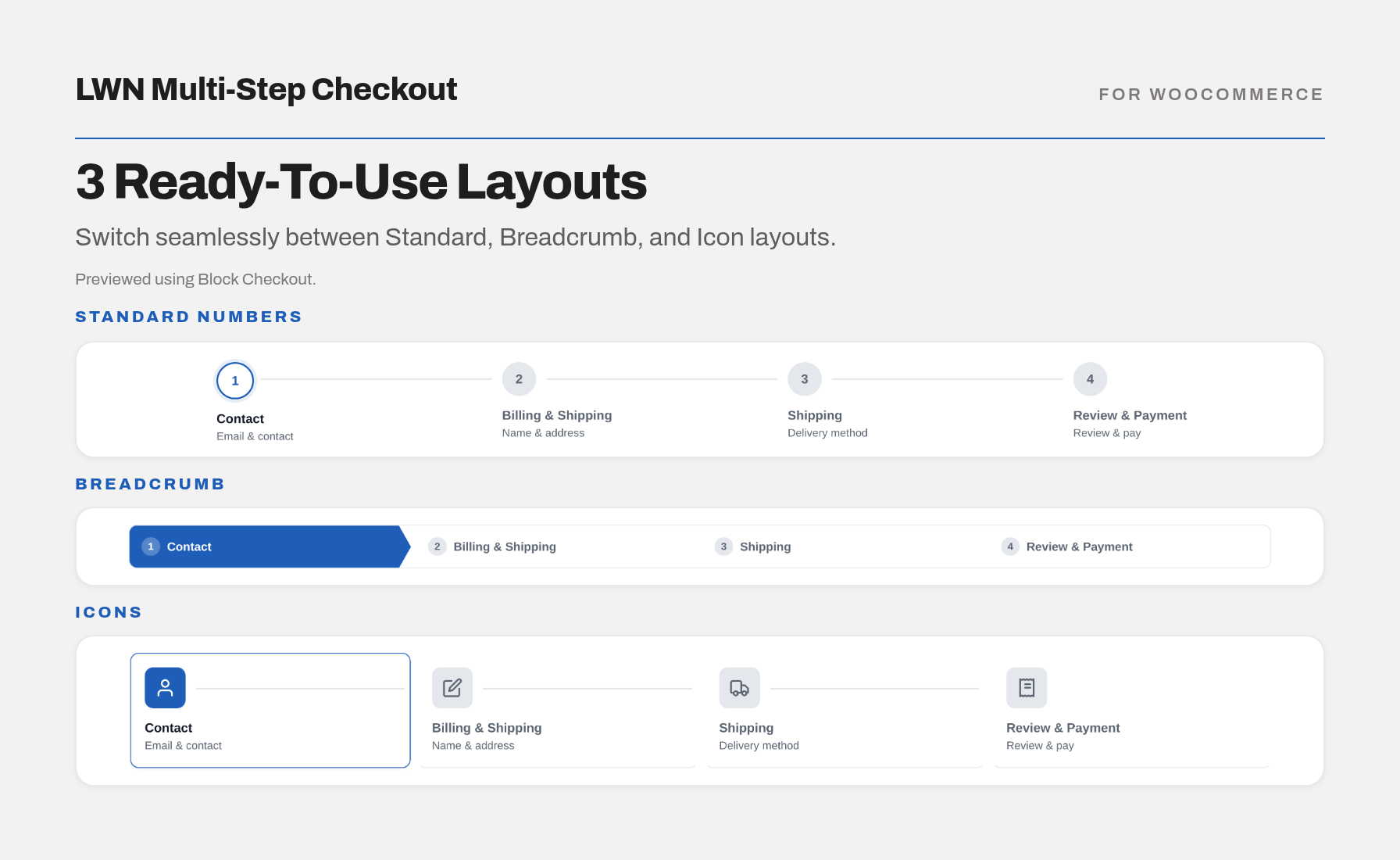 The three stepper styles on block checkout: numbered circles, breadcrumb arrows, and icons