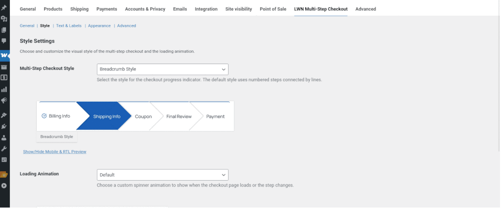 Animated GIF showing breadcrumb style and color settings in Multi-Step Checkout plugin.