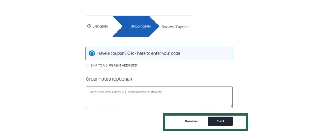 Screenshot of checkout page showing styled Next and Previous buttons with custom colors from the Multi-Step Checkout plugin.