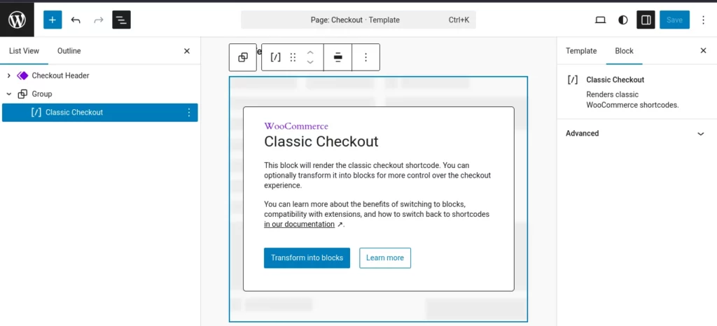 WooCommerce Checkout page template showing Classic Checkout block in Block Editor