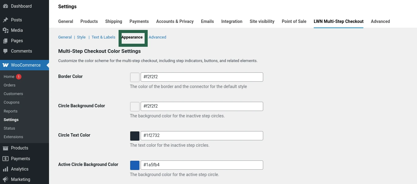 Screenshot of the Appearance or Colors tab in Multi-Step Checkout settings showing color customization.