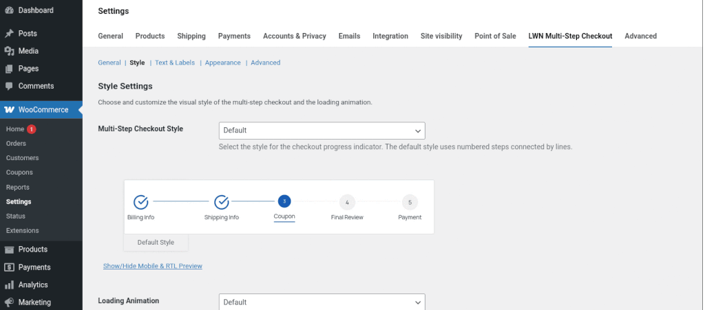 Animated GIF showing default stepper style and color settings in Multi-Step Checkout plugin and how it displays on the checkout page.
