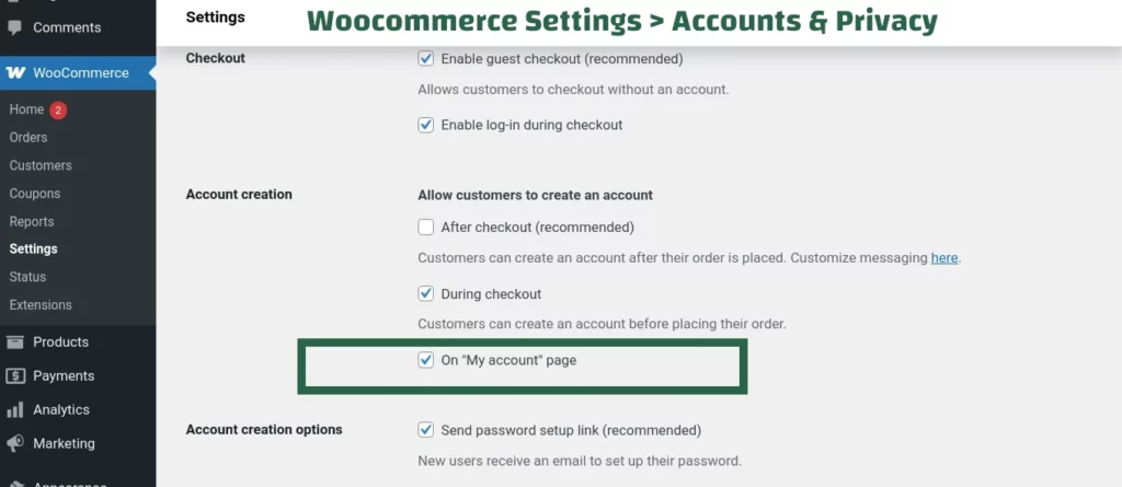 Screenshot of WooCommerce settings with Allow customers to create an account on the My account page.