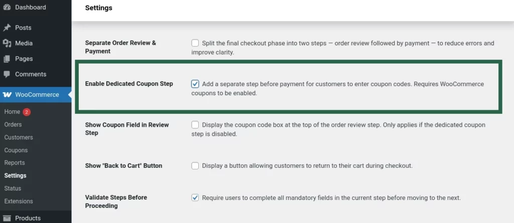 Screenshot of the Enable Dedicated Coupon Step setting enabled in Multi-Step Checkout plugin settings.