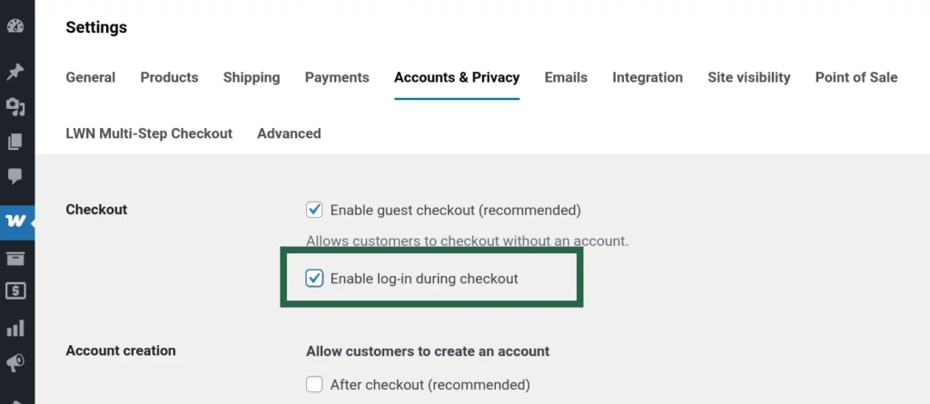 Screenshot of WooCommerce settings showing Allow customers to log into an existing account during checkout.