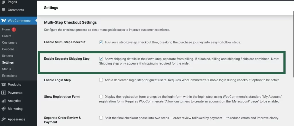 Screenshot showing the Enable Separate Shipping Step option toggled on in the Multi-Step Checkout settings.