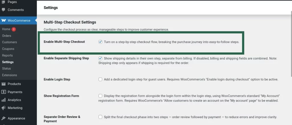 Screenshot showing the Enable Multi-Step Checkout option toggled on in the plugin settings page.
