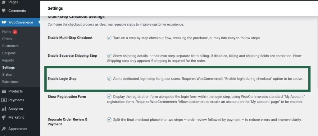 Screenshot of the Enable Login Step toggle in Multi-Step Checkout settings.