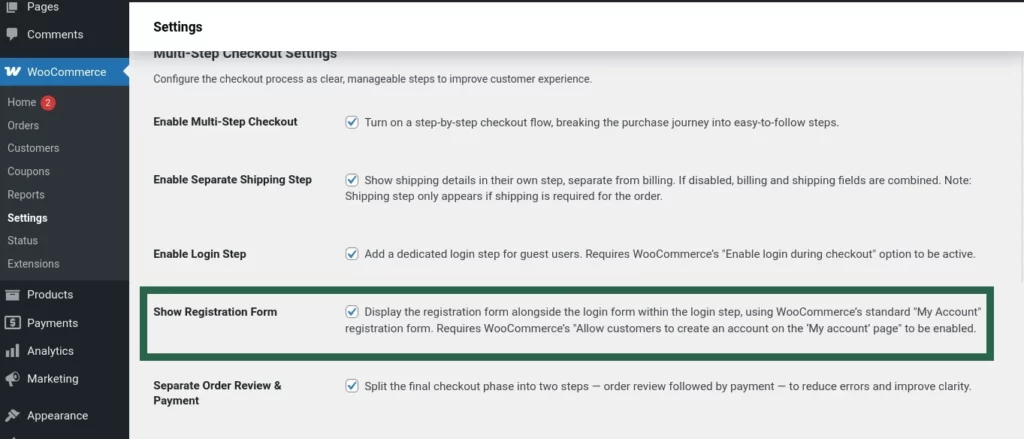 Screenshot of the Show Registration Form setting enabled in Multi-Step Checkout.