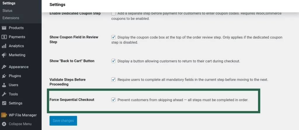 Screenshot of the Force Sequential Checkout toggle enabled in Multi-Step Checkout plugin settings