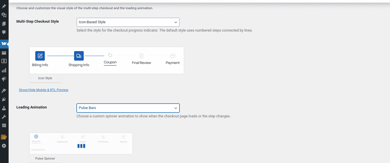 Animated GIF showing the loading animation toggle and highlight color setting in Multi-Step Checkout