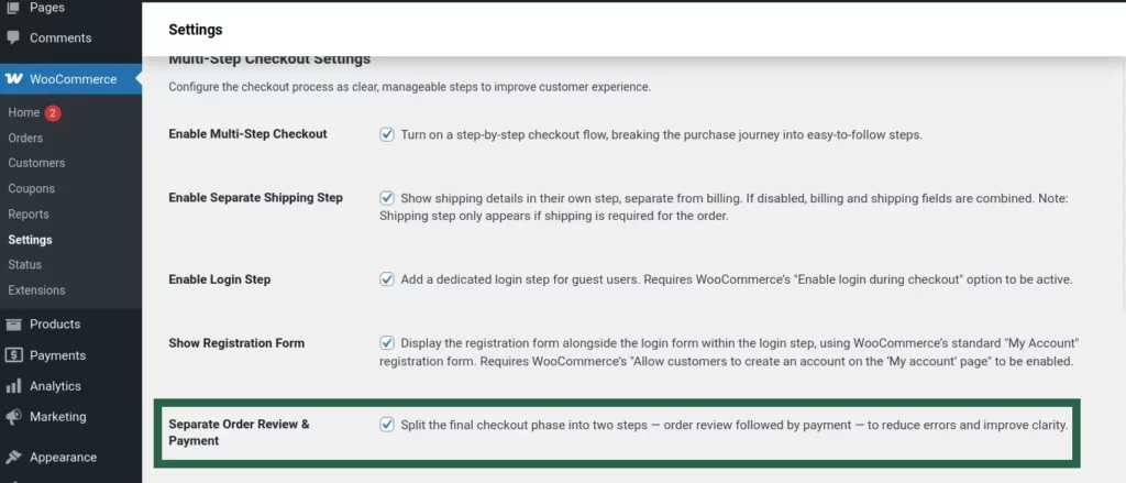 Screenshot of the Separate Order Review & Payment toggle enabled in the Multi-Step Checkout settings.