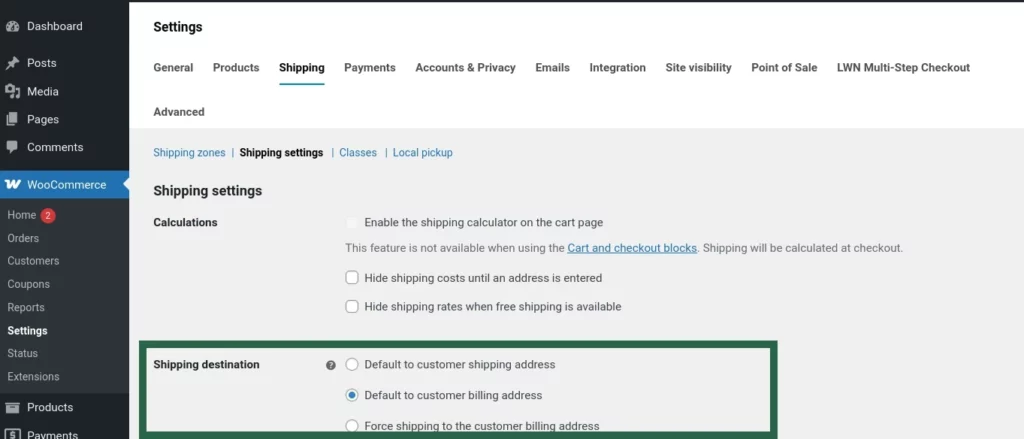 WooCommerce Shipping Screenshot of the Shipping Destination setting