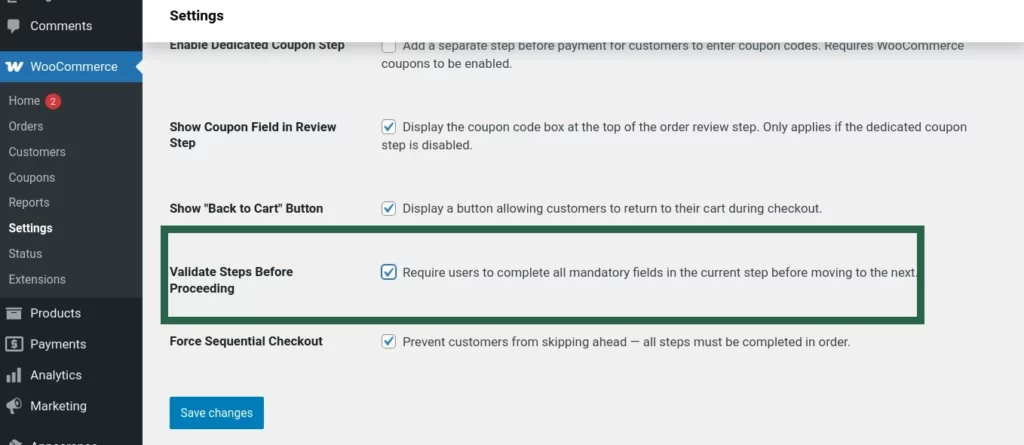 Screenshot of the Validate Steps Before Proceeding toggle in Multi-Step Checkout settings