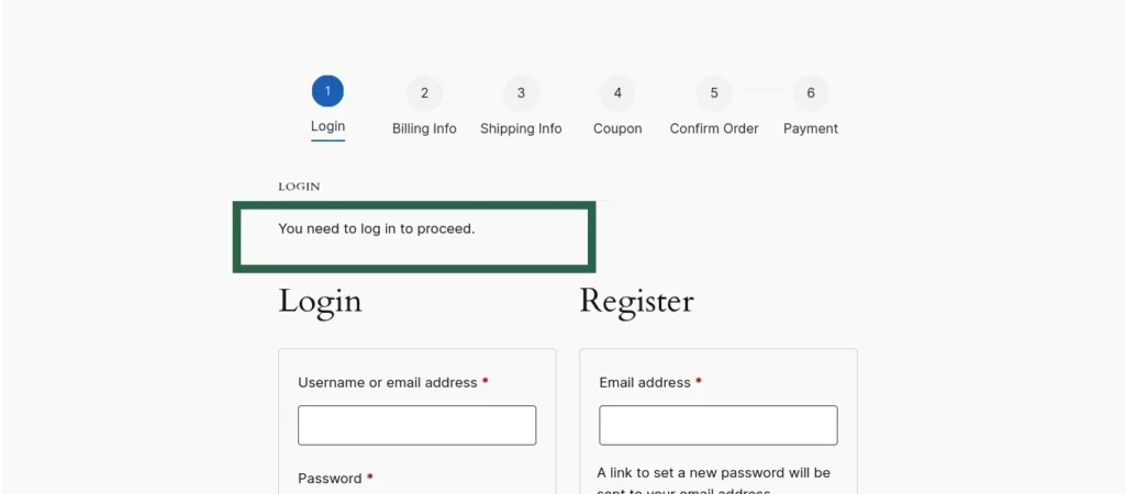 Screenshot of the WooCommerce checkout page showing a Login required message when guest checkout is disabled.